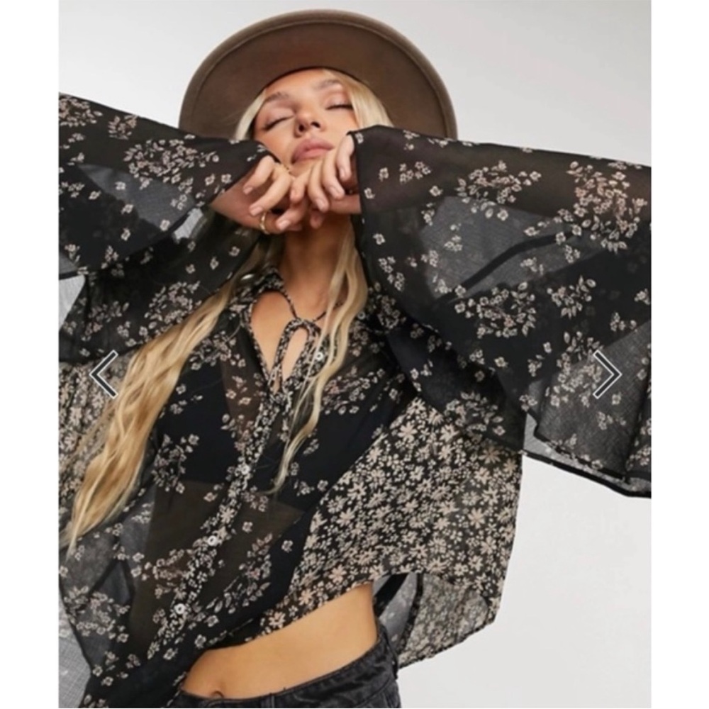Free People Black Floral Button-Up Peasant Blouse